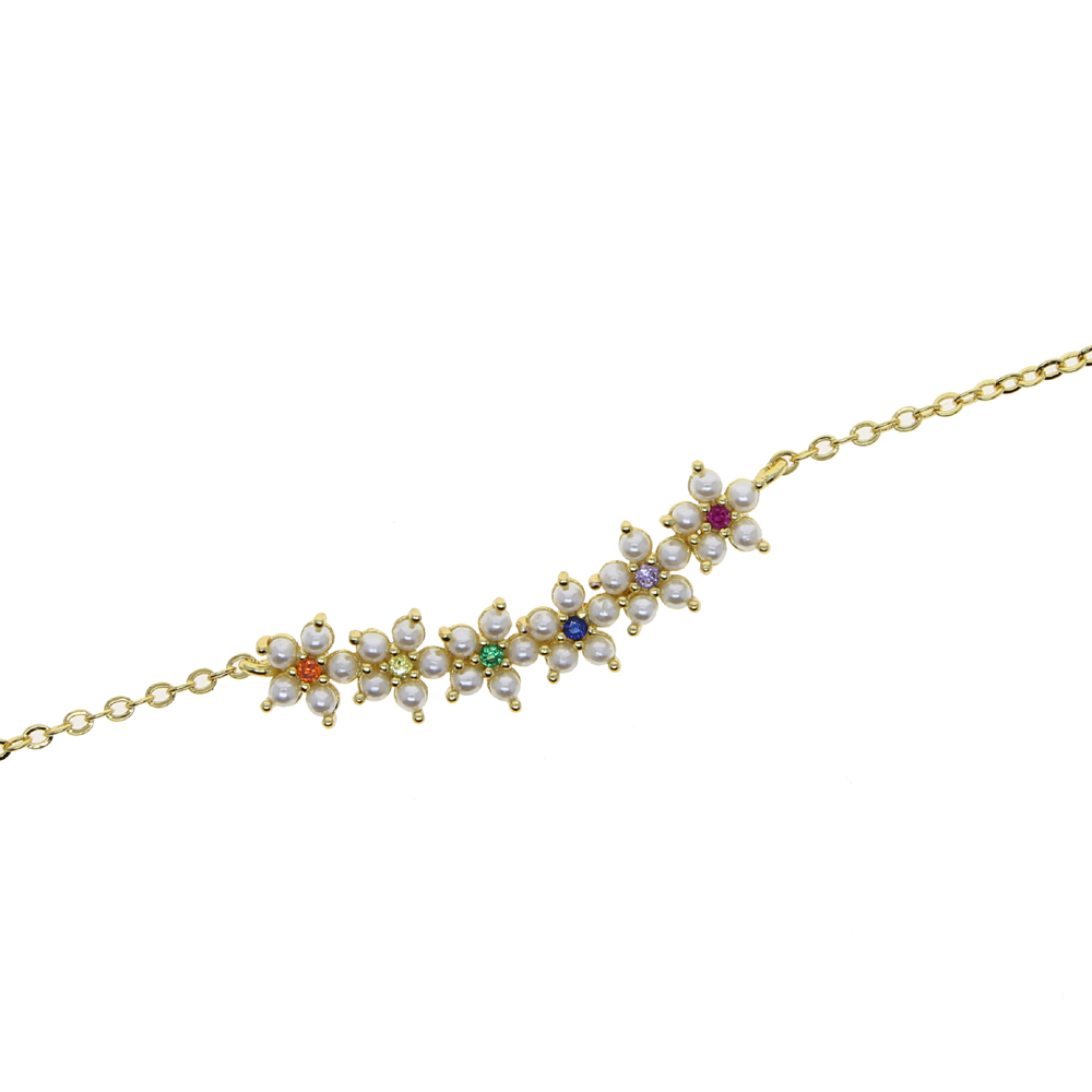 2021 Gold Color Micro Pave Colorful Rainbow Cubic Zirconia Cz Pearl Beaded Flower Charm Cute Lovely Delicate Dainty Cz Women Necklace
