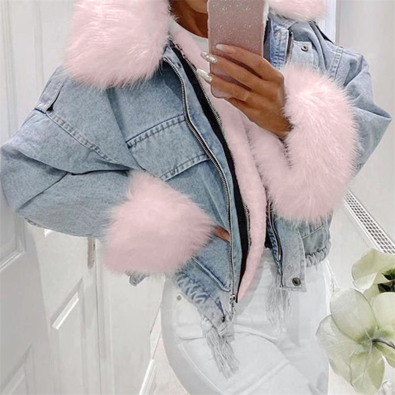 Thick Fleece Winter Denim Jacket Women Warmness Faux Fur Jean Jackets Korean Style Casual Long Sleeve Short Coats Outwear 201029