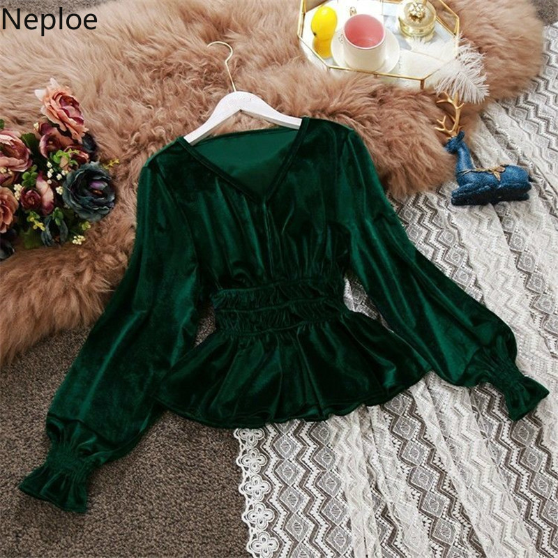 Neploe V-neck Ruffles Blouses Women Tops Long Sleeve Female Shirt Solid Color Korean Clothes Lantern Sleeve Elegant Blusas T200321