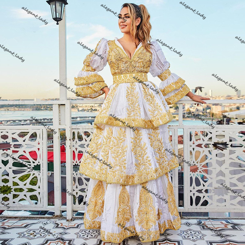 Vestidos Formales Traditional Kosovo Albanian Evening Dresses gold lace Applique long sleeve Prom Dress Robe Soirée De Mariage