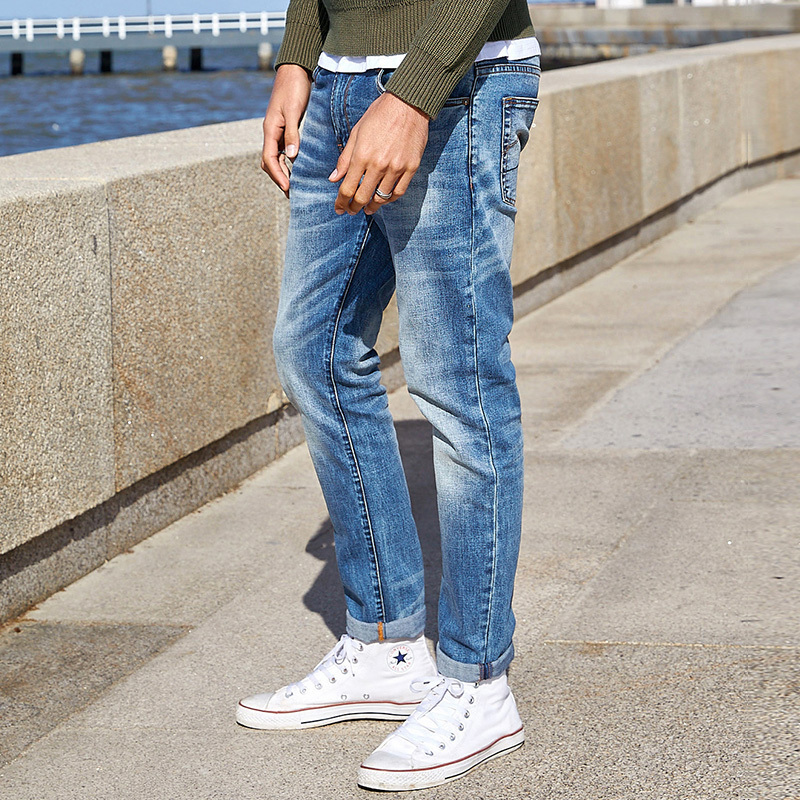 KUEGOU cotton spandex Men's casual blue jeans Men's fashion Korean style slim type straight jeans pants size KK-2923 201128