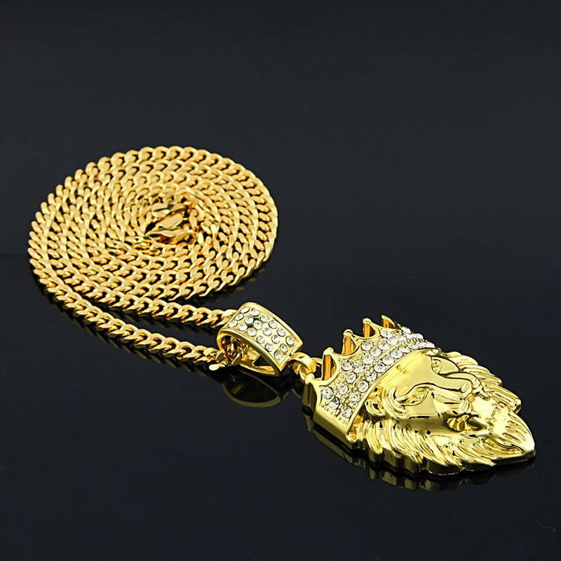 Hip Hop Jewelry Lion Head Pendant Necklace With Gold Chain King Crown Iced Out Necklace for Men/ Women 200928