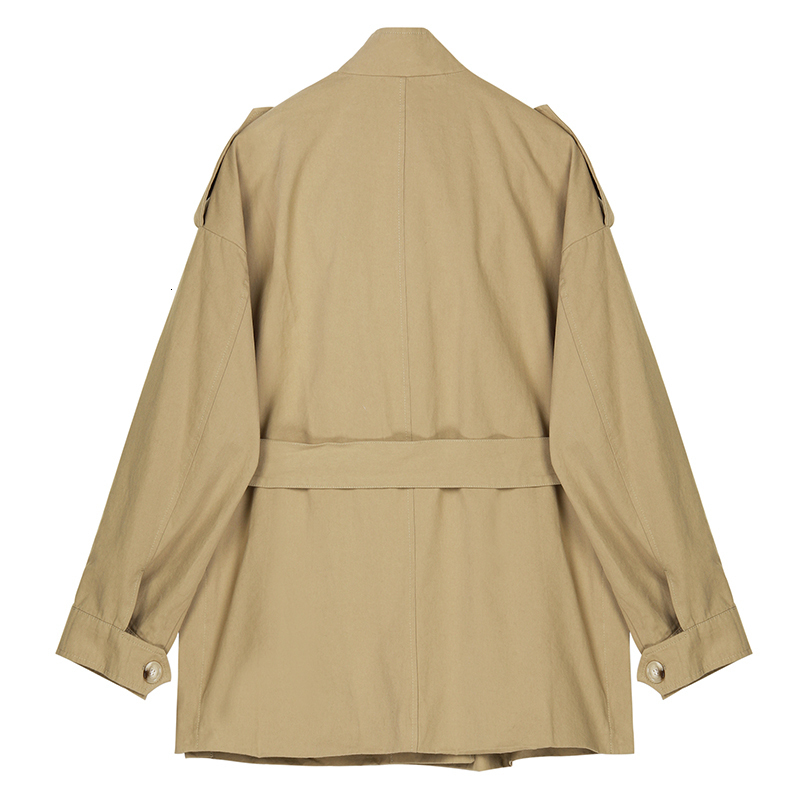 EAM Loose Fit Khaki Bandage Stitch Big Size Jacket Stand Collar Long Sleeve Women Coat Fashion Spring Autumn 1D361 201017