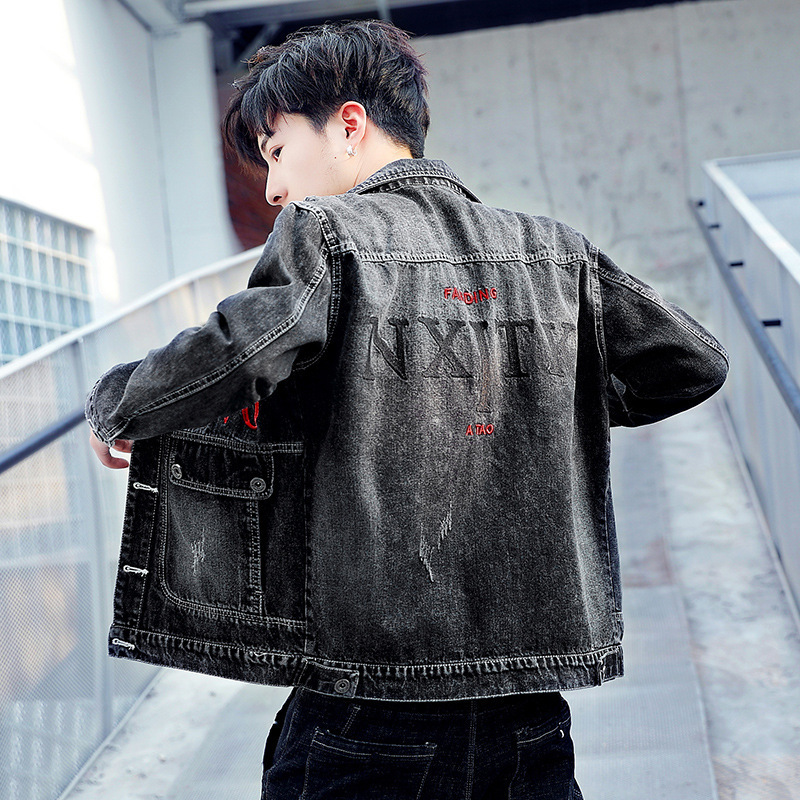 Denim coat men's trendy students handsome new spring and autumn Korean embroidery street hip hop denim jacket clothes 201118