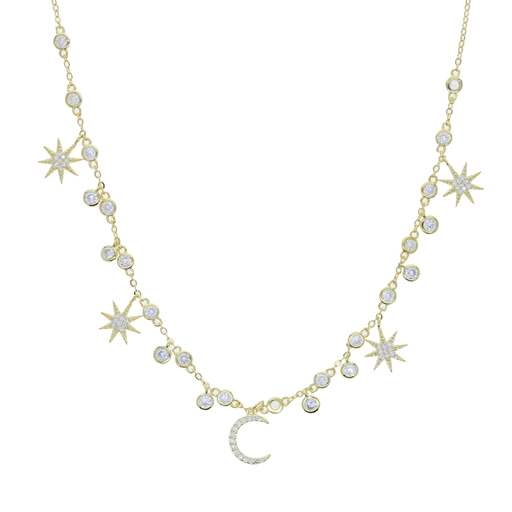 2021 fashion trendy wedding necklace with cz paved geometric star moon dangle charm paved statement station choker necklace for women