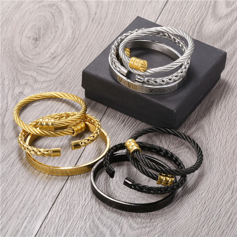 3pcs/Set Roman Numeral Mens Bracelets Stainless Steel Hemp Rope Buckle Open Bangles Gold Pulseira Bileklik Bracelet Jewelry