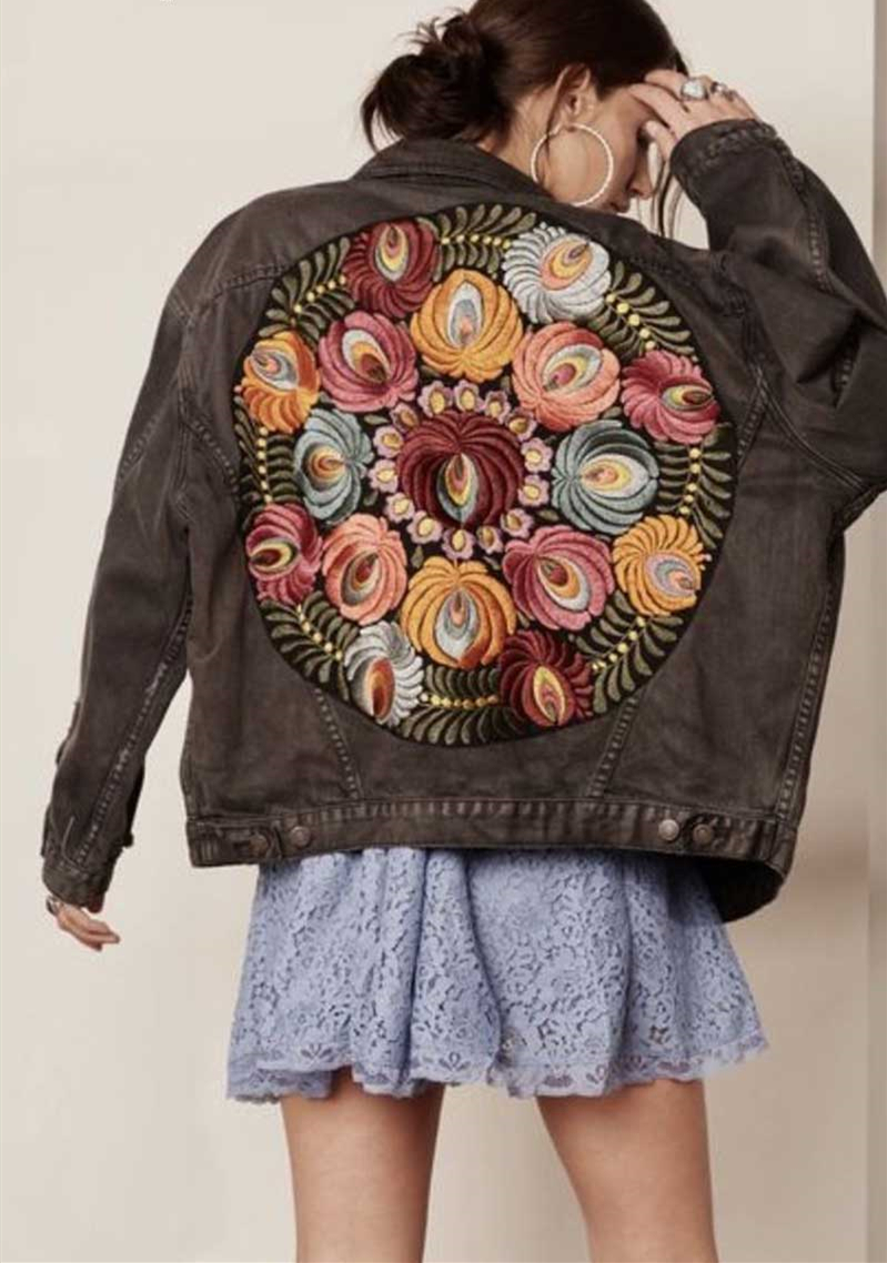 YI Boho Oversized multi floral Embroidered Denim Jacket outwear bohemian casual chic jacket coat women winter 201017