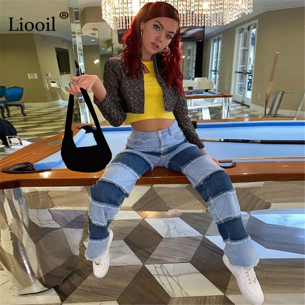 Liooil Color Block Straight Leg Jeans High Waist Pants Women Autumn Trousers With Pockets Patchwork Blue Sexy Denim Pants 201029
