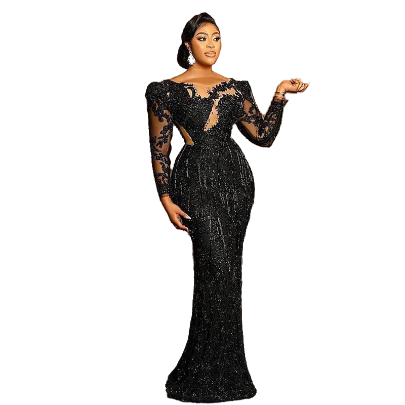 Aso Ebi Arabic Black Mermaid Evening Dresses Long Sleeve 2022 Luxurious Tassel Beaded Lace Prom Dress Sheer Neck Formal Party Second Reception Gowns R
