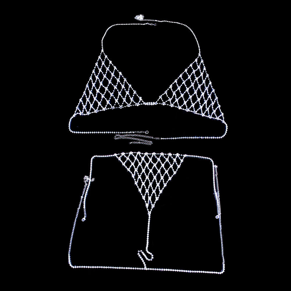 New Lovers Sexy Mesh Body Chain Necklace Crystal Bra and Thong Panties for Women Rhinestone Body Accessories Jewelry Underwe Set T200508
