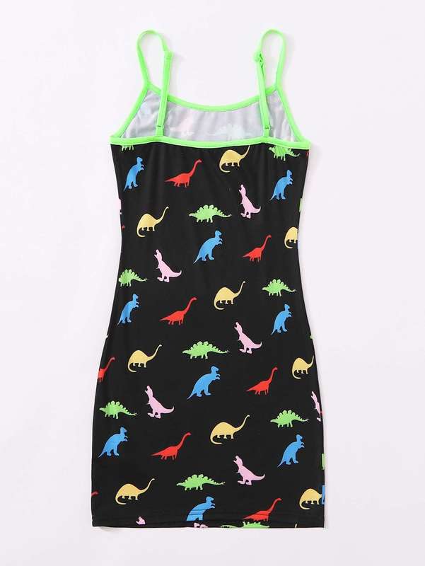 Girls Dinosaur Print Contrast Neon Binding Dress SHE