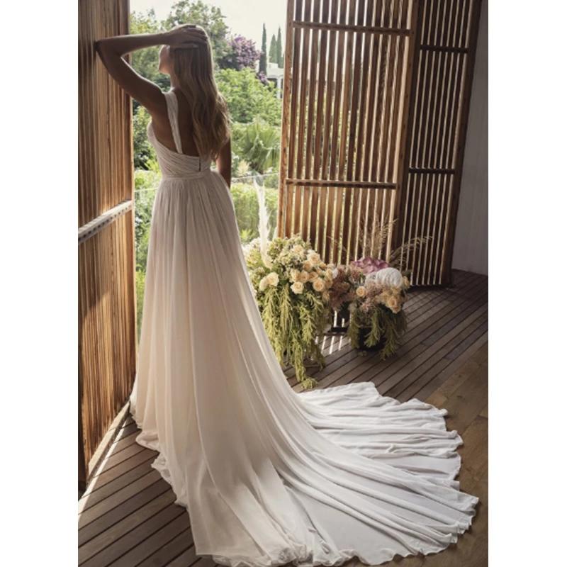 Chiffon Sexy Simple A Line Wedding Dresses Bridal Gowns Boho Beach Spaghetti Straps Pleats High Side Slit Sweep Train Bride Dress Custom Made Robes De