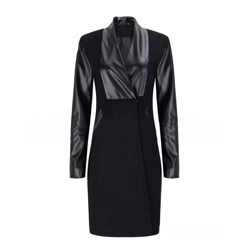 XUXI Leather Patchwork Slim Long Women Winter Jackets Coats Sleeved Knitted Wool Coat Chaqueta Mujer Female Overcoat FZ283 201222