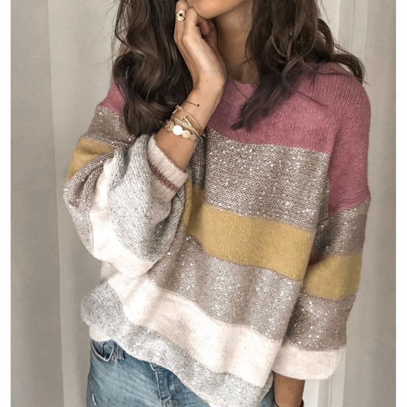 European and American Women's Fall/winter New Loose Round Neck Multicolor Stitching Sweater Top 201111wtt