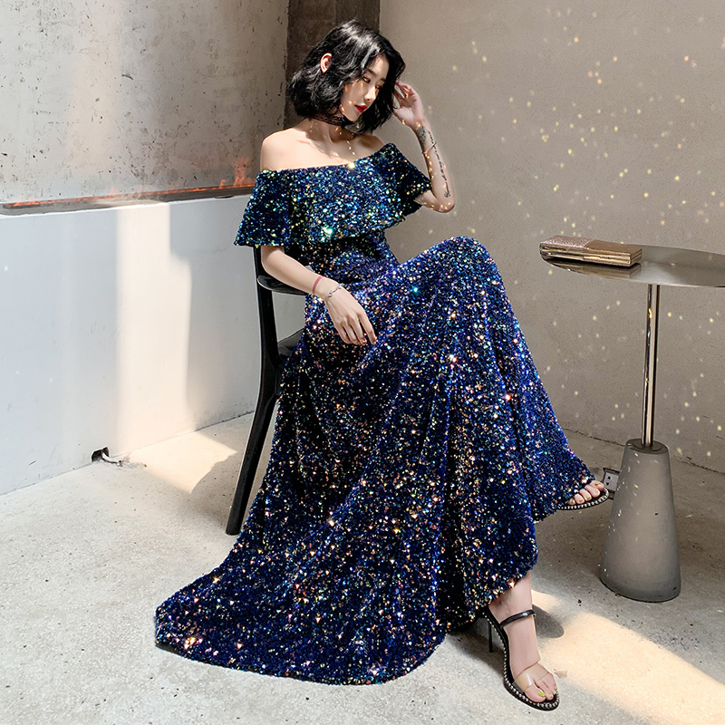 New Sequins Evening Dress Long Vintage Prom Dress Shiny Off the Shoulder Evening Gown ALine Banquet Formal Evening Dress 201114
