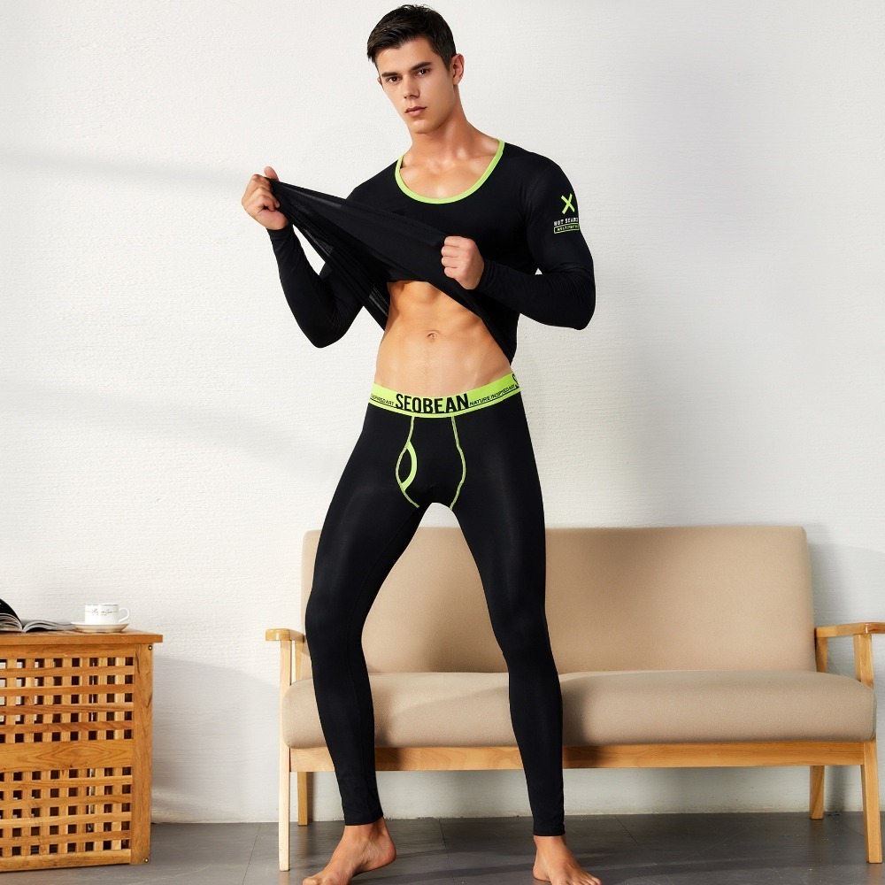 SEOBEAN WINTER AUTUMN NEW Men's sexy SOLID Long johns Low Rise Thermal Underpants leggings and top set 201023