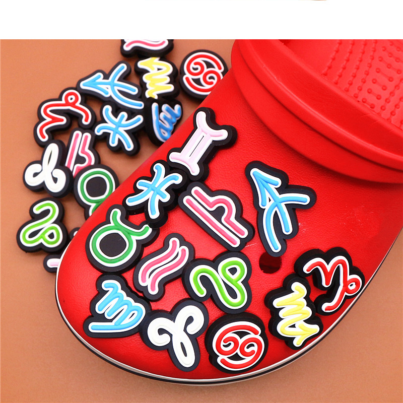 12 Constellation Symbols PVC Shoe Charms Cute Scorpio Leo Virgo Shoe Buckle Decoration fit sandals Kids X-mas Gift
