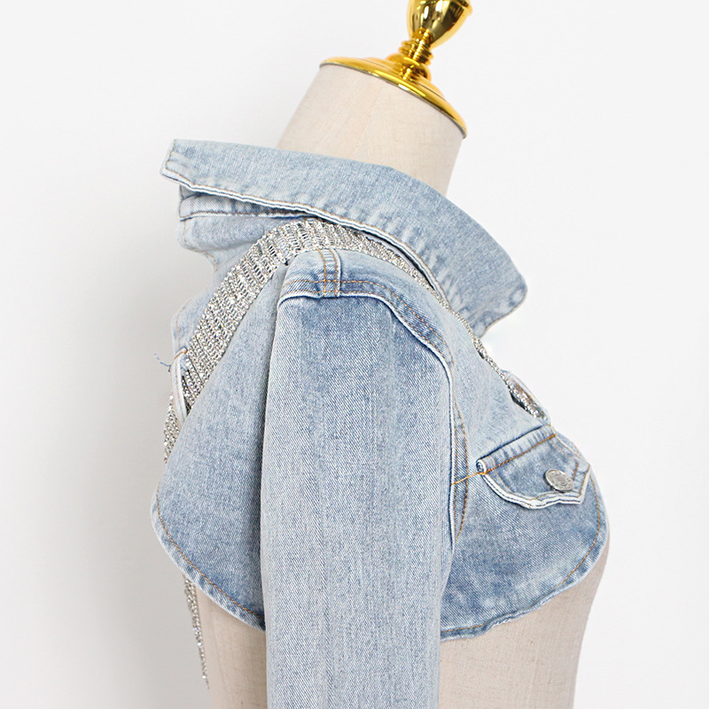 TWOTWINSTYLE Asymmetrical Sexy Denim Women Jacket Lapel Long Sleeve Patchwork Diamond Short Tops Female Summer Fashion New 201017