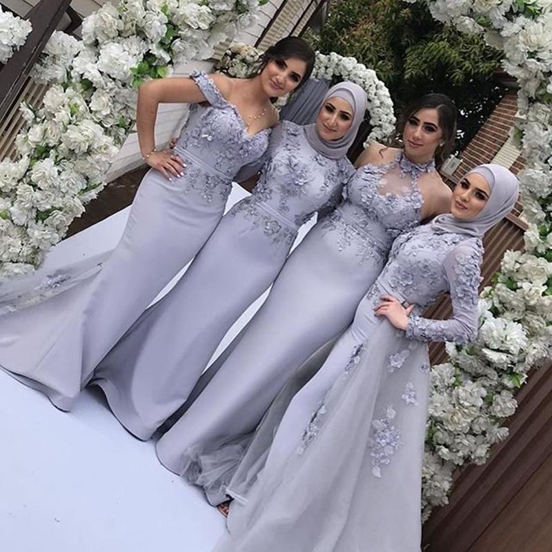 Dubai Arabic Sleeve Muslim Mermaid Bridesmaid Dresses With Detachable Skirt D Flower Long Wedding Guest Formal Party Gowns Custom Made