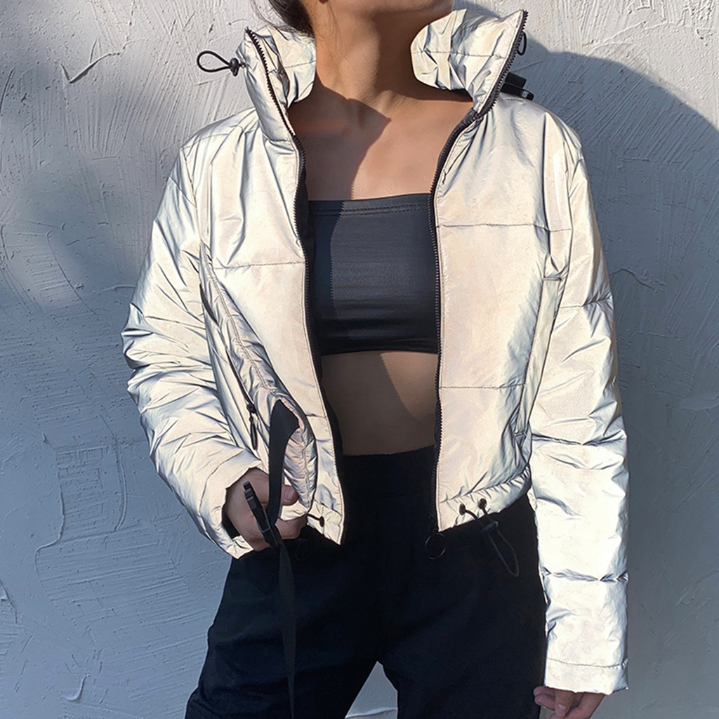 SAGACE Women's Winter Fashion Reflective At Night Warm Women Coat Short Jackets With Bag Long Sleeved Zipper Jacket Korean 1125 T200113