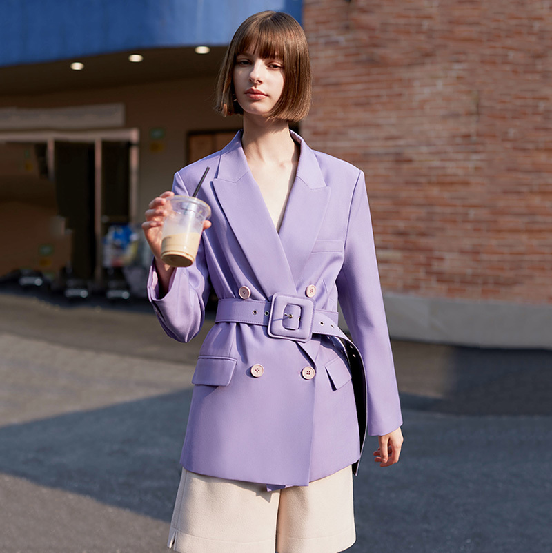 EAM Loose Fit Brief Purple Double Breasted Jacket Lapel Long Sleeve Women Coat Fashion Spring Autumn 1H090 201026
