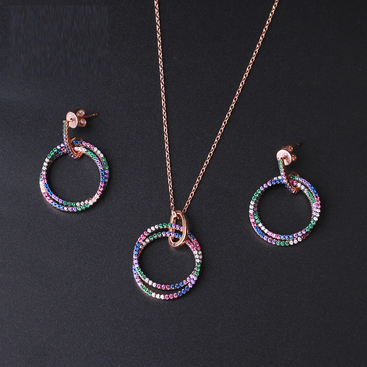 2021 Valentine's Day Gift Double Round Circle Mix Colorful CZ Women Classic Jewelry Top Quality New Design Necklace Earring Set