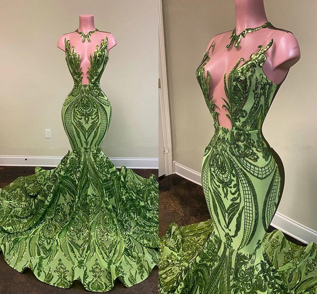 Applique Sequin Olive Green Mermaid African Evening Dresses 2022 Black Girls Long Graduation Dress Plus Size Formal prom Gowns robe vert émeraude