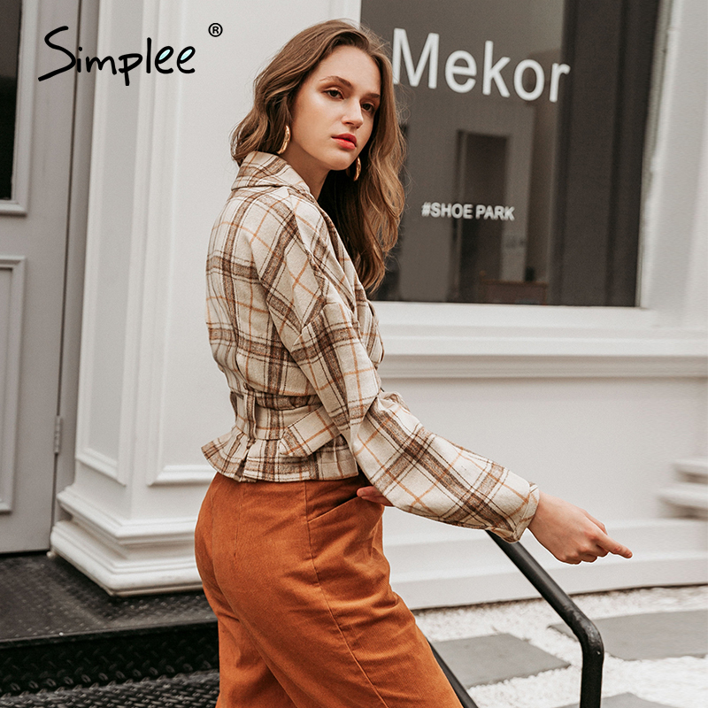 Simplee Women Fashion Plaid Artificial Woolen Coats Autumn Winter Female High Street Belt Short Jackets and Coats Ladies 201030