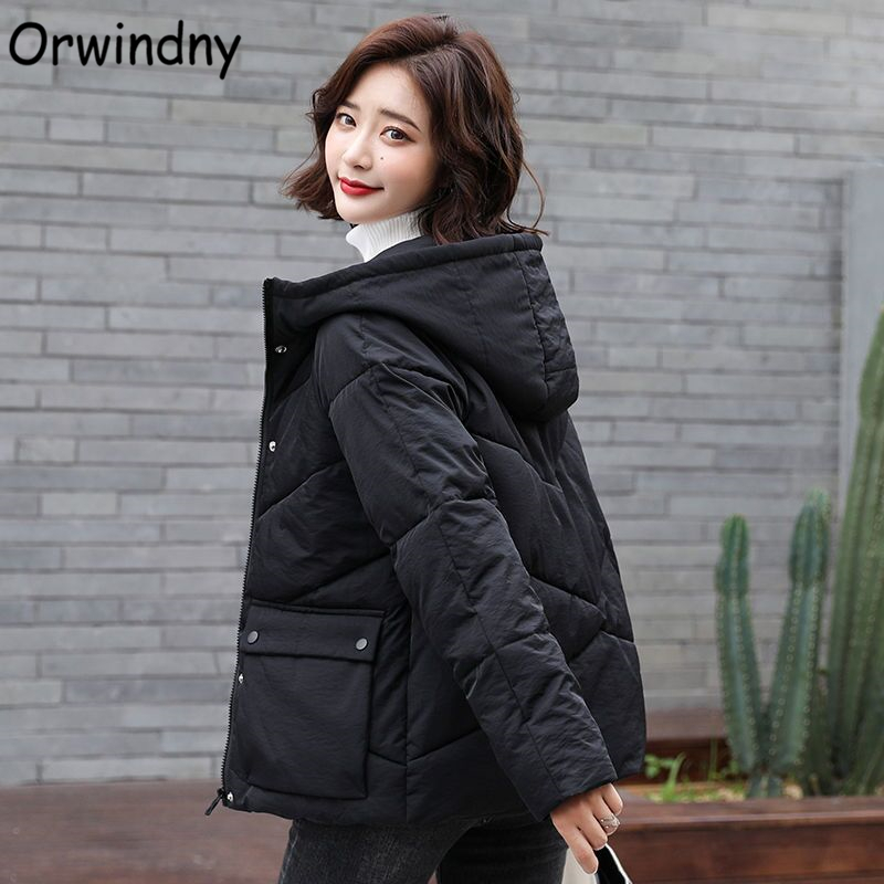 Orwindny Solid Women's Jacket Short Autumn Winter Jacket Coat Female Hooded Padded Clothing Big Pockets Sweet Parkas Outerwear 201019