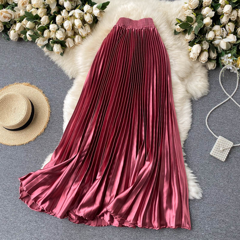 High Waist Long Skirts Womens 2024 Maxi Pleated Skirt Women Clothing Elegant Office Lady Fashion Metallic Satin Skirt