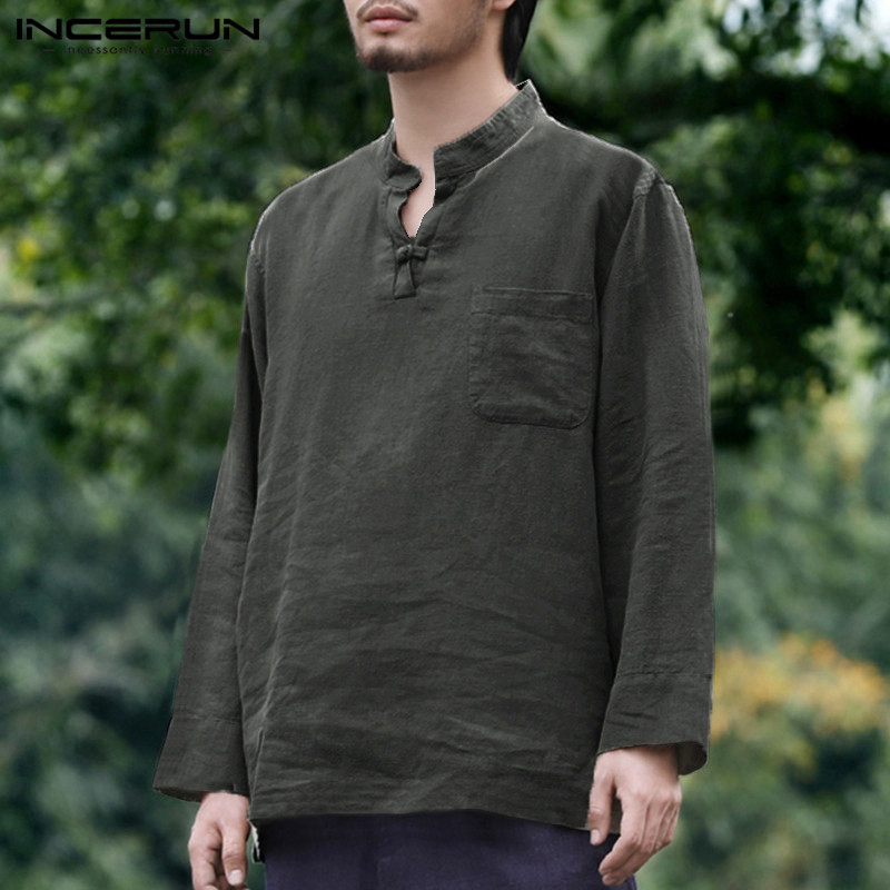 INCERUN 2019 Mens Shirt Retro Long Sleeve V-neck Cotton Linen Men Tops Autumn Plus Size Chinese Style Loose Casual Shirts Camisa T200319