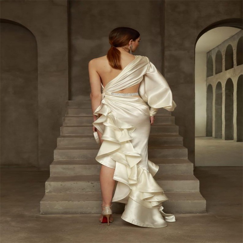 royal side split evening dresses ruffles satin silk long sleeves prom dress long sleeves fashion one shoulder custom made robe de soire