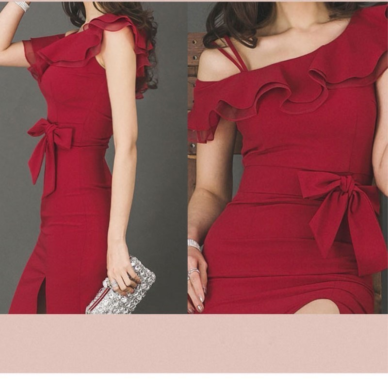 Summer Party Dress Women Elegant Red Ruffle Slim Pencil Dress Bodycon Formal Work Dress T200604