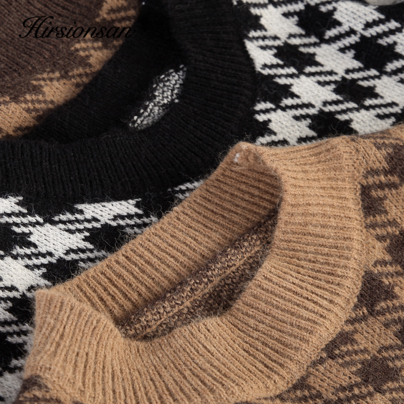Hirsionsan Khaki Houndstooth Cashmere Sweater Women Loose Casual Knitted Pullovers Autumn Soft Knitwear Female Retro Jumper 201224