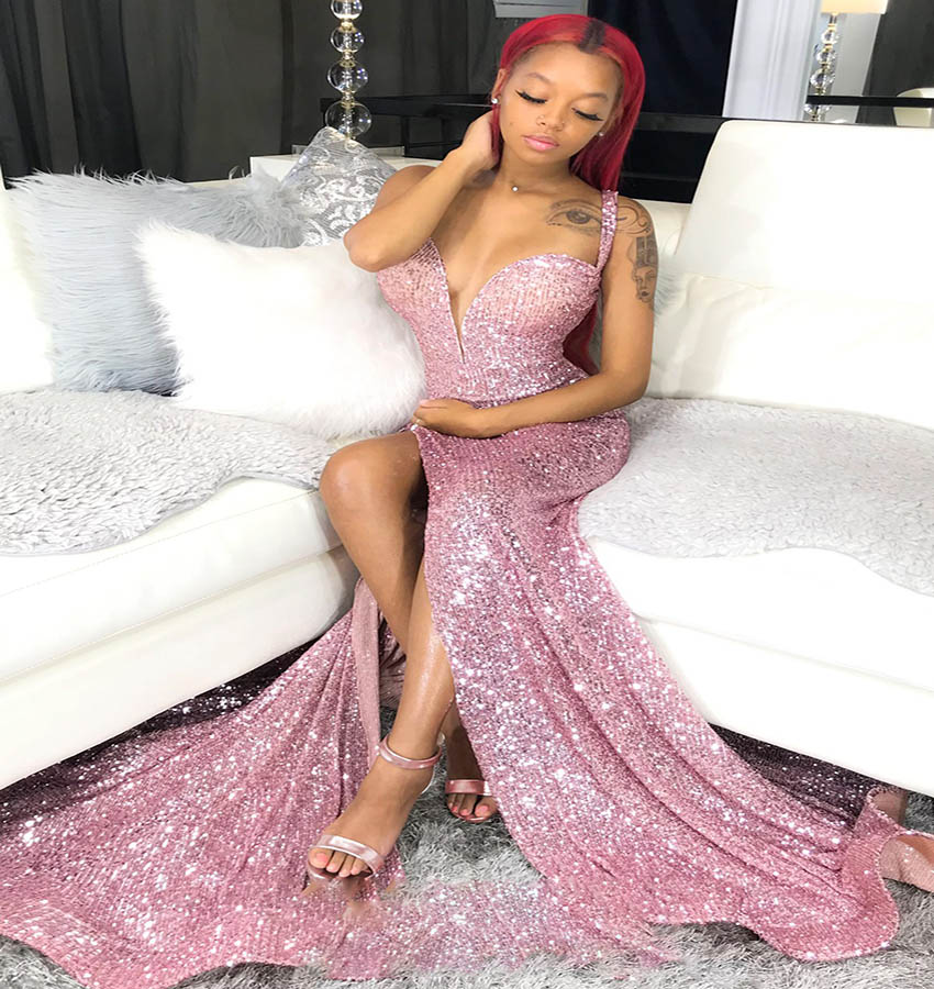 Sexy Pink Black Girls Prom Dress With Slit Glitter Sequined Formal Evening Dresses 2022 V Neck Mermaid Dance Party Gowns For Women African Special Occ