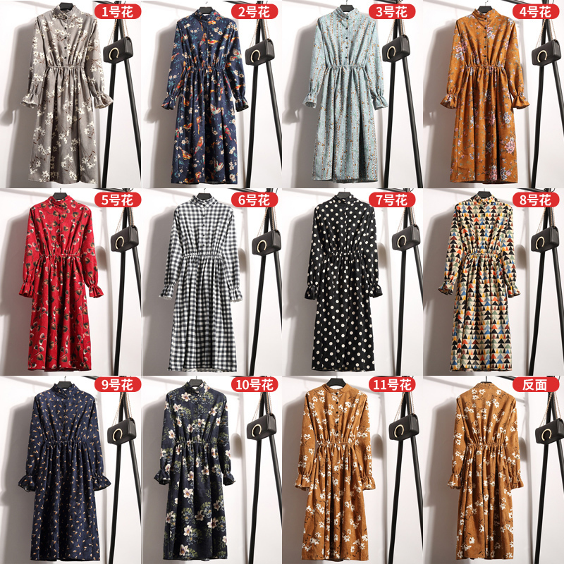 Autumn Dress Women Corduroy Plus Size Long Sleeve Cotton Dresses Floral Cherry Shirt Tunic Winter Harajuku Mori Party Dress 201125
