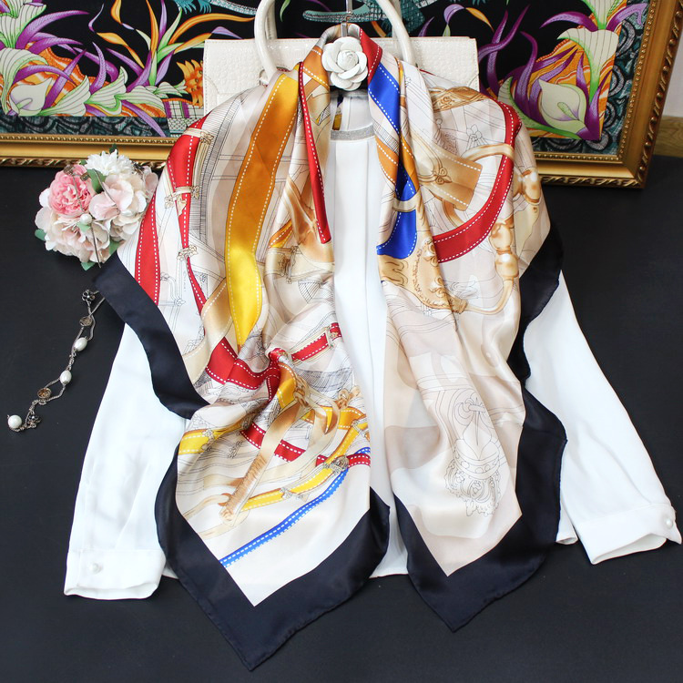 Satin Square Scarf 110cm Female Silk Mulberry-Silk Shawl Stole Hand Rolled Edges Scarf"Cavalcadour Voltigeur"