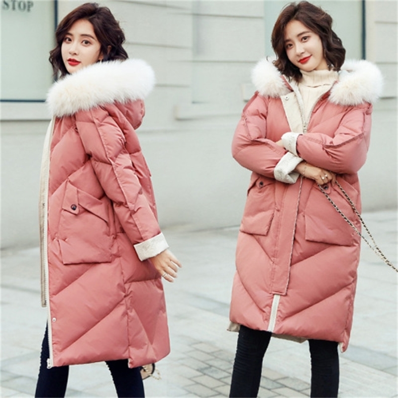winter fashion hooded long solid color fur collar detachable cotton coat LJ201127