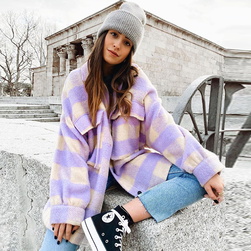 HiloRill Women Woolen Plaid Coat With Pockets Batwing Long Sleeve Loose Jacket Turn Down Collar Casual Ladies Tops Outerwear 201113