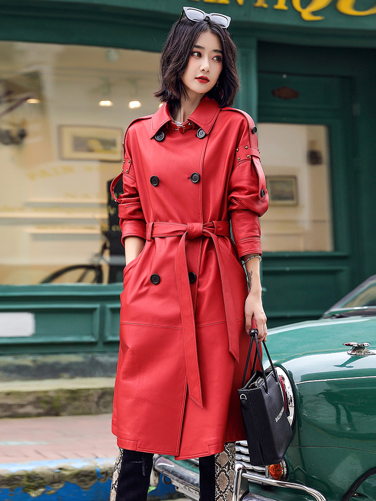 Lautaro Long red leather trench coat for women Plus size faux leather coat women Runway fashion Spring coat for women 7xl 201029
