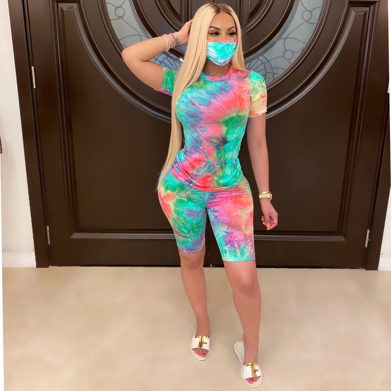 Tie Dye Print Short Two Piece Set Women Summer Clothes Top and Biker Shorts Sets Sportswear Casual 2 Piece Sets Womens Outfits 201104