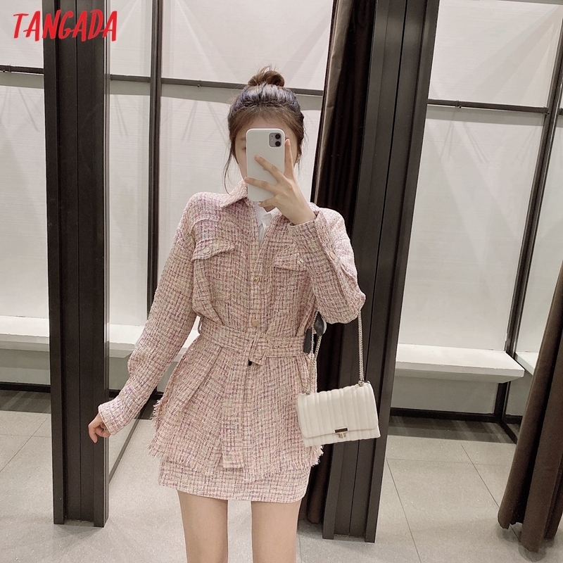 Tangada autumn winter women colorful tweed jacket coat with slash tassel ladies long sleeve female elegant coat 3H264 201019