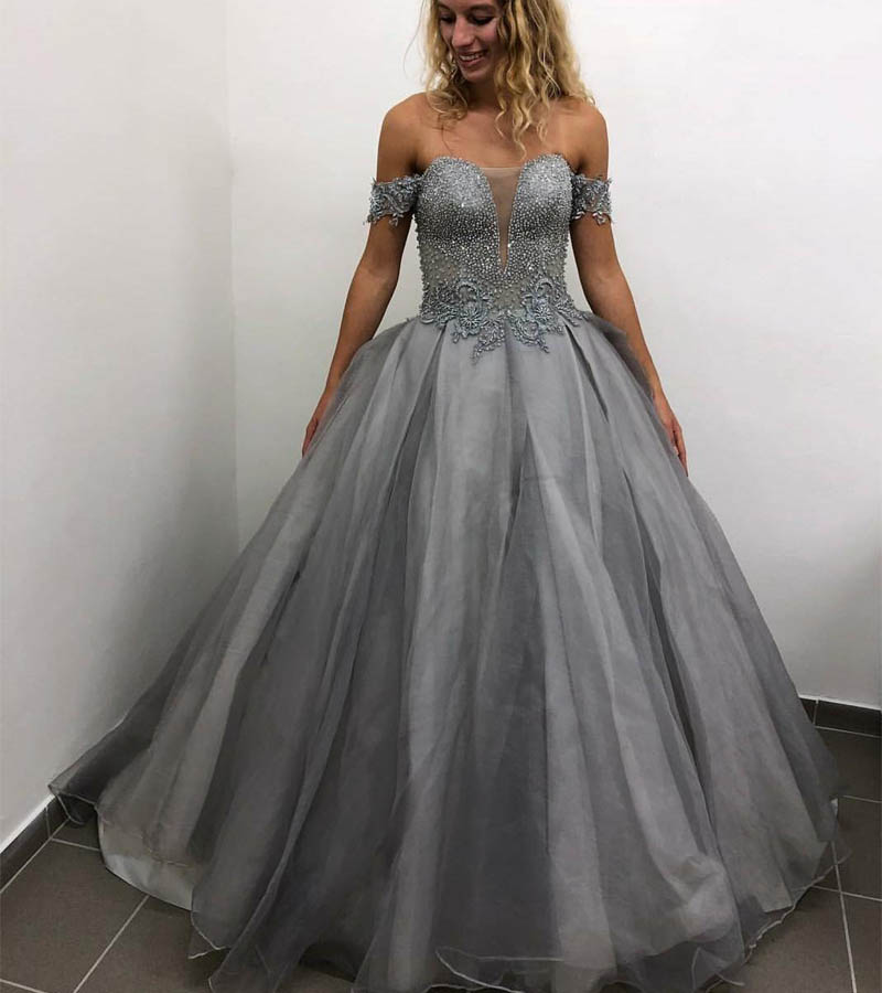 Sexy Off Shoulder Gray Quinceanera Dresses Ball Gown Illusion Lace Crystal Beading Tulle Sweet 16 Formal Party Dress Prom Evening Gowns