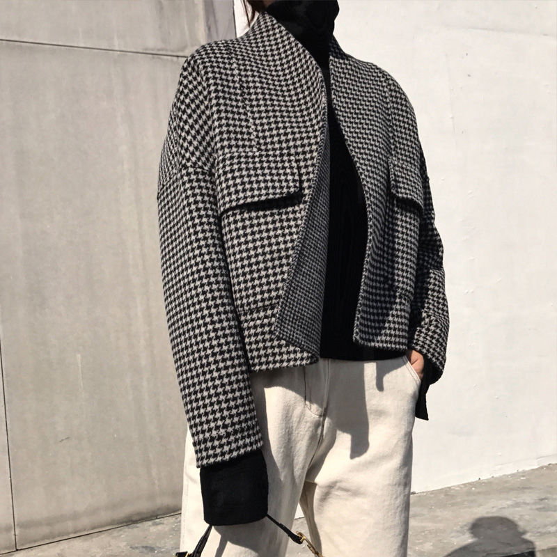 Autumn Winter Korea Fashion Women Loose Short Jacket Thicken Plaid Woolen Coats Double Pocket Cardigan Vintage Coat S218 201126