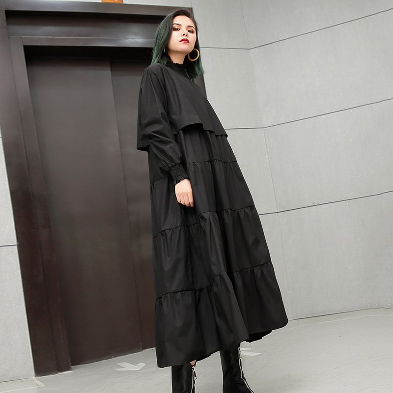 CHICEVER Autumn Black Dress For Women Loose Big Size Elastic Collar Long Sleeve Women's Dresses Female Clothes Fashion New T200320