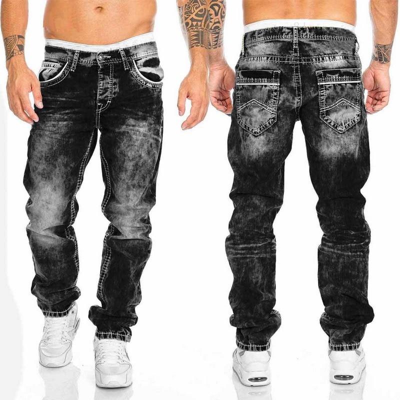 Men's Casual Washed Denim Straight Jeans, Loose Fit Mid-Waist Pocket Pants, Light Blue, Grey, Black - Autumn Fashion B4