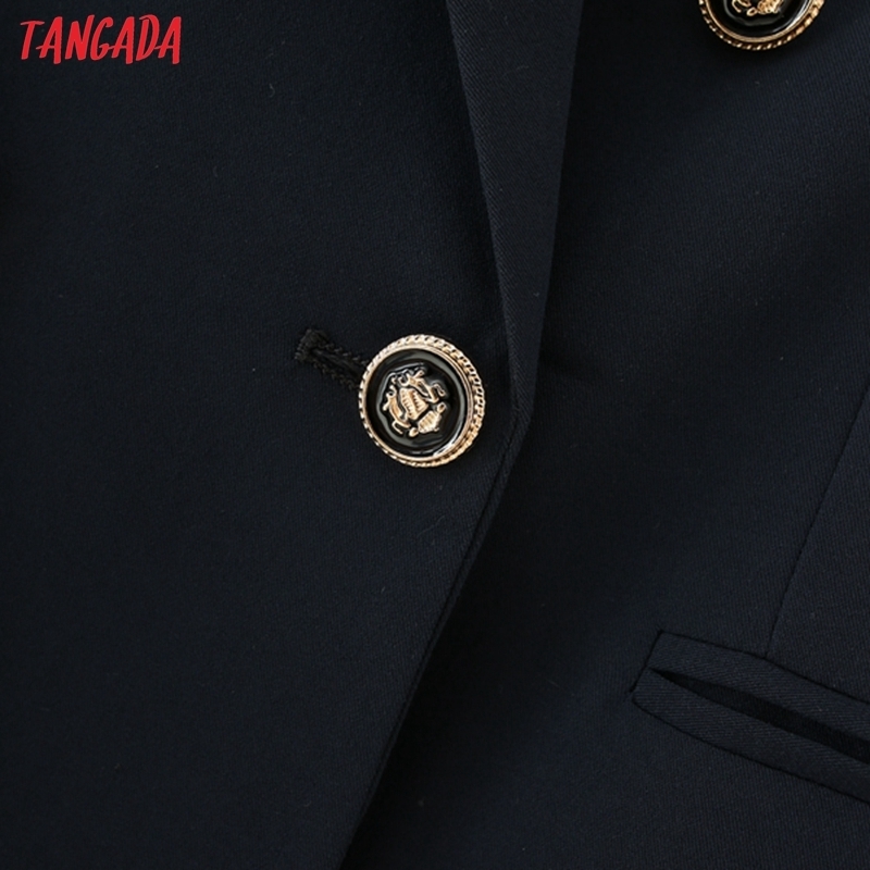 Tangada Women Fashion Fit Navy Blazer Coat Vintage Double Breasted Long Sleeve Female Outerwear Chic Tops DA170 201114