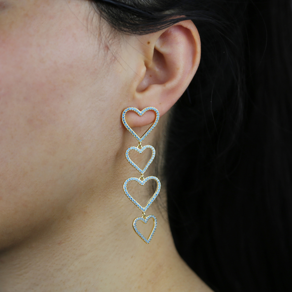Blue Pink White 3 Colors Cubic Zirconia Hollow Heart Charm 4PCS Gold Colorful Heart Dangle Dangling Long Earring