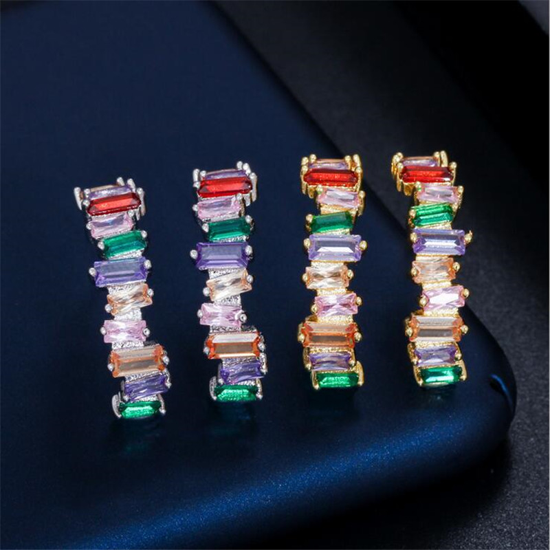 Top Sell Luxury Jewelry 18K White&Gold Fill T Princess Cut Multi Color Topaz CZ Diamond Popular Women Wedding Stud Earring For Lover Gift