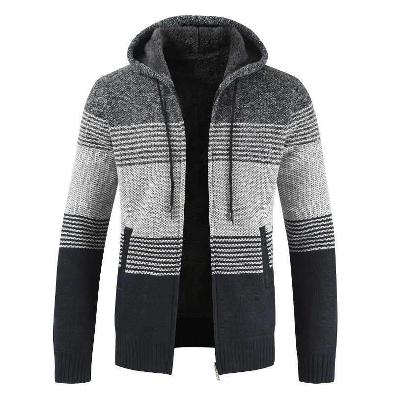 Men's Sweater Coat Spring Autumn Mens Colorblock Hooded Stripe Coat Thick Zipper Wool Sweater Slim-fit Cardigan Jumpers Male 201118